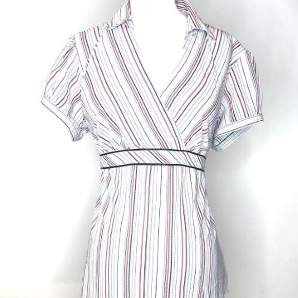 TWO HEARTS MATERNITY Women's V-Neck Pink Black Striped Collared Tunic Top Large - Picture 1 of 3